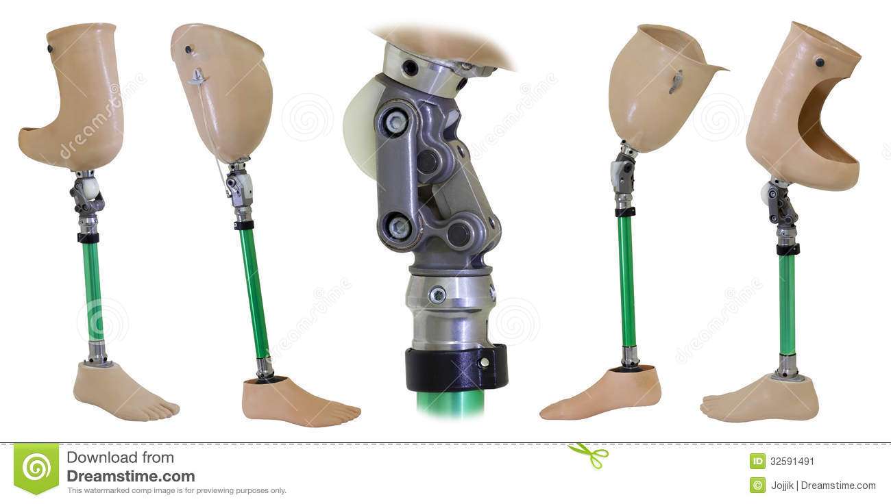 Four Views Of Prosthetic Legs And Knee Mechanism Stock Image