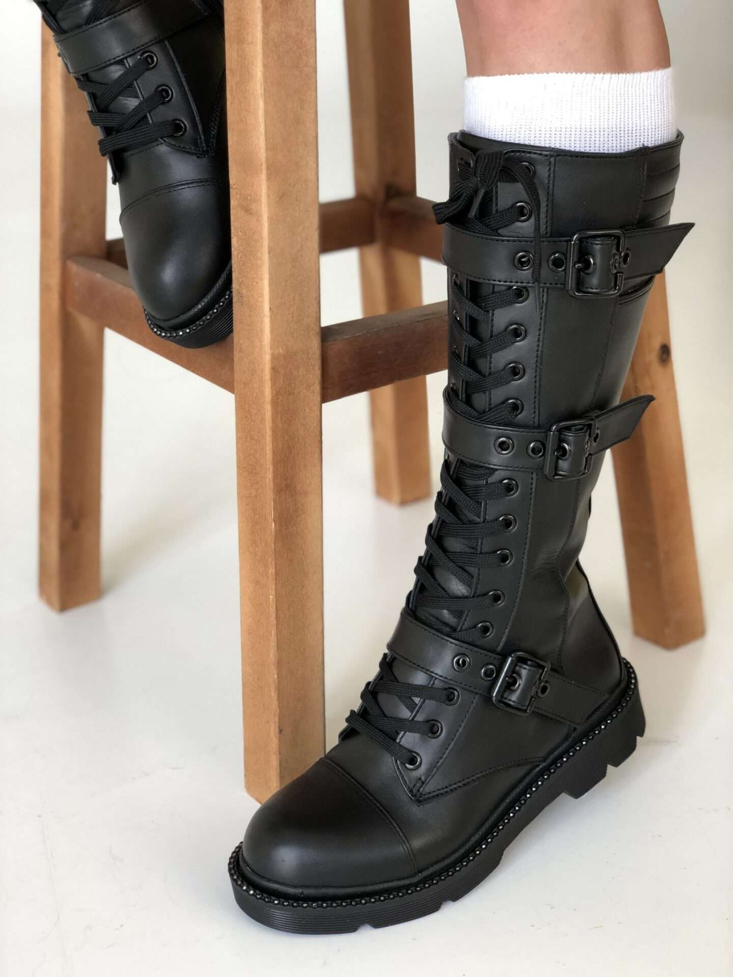 Knee high combat boots with buckles for women buy online ...