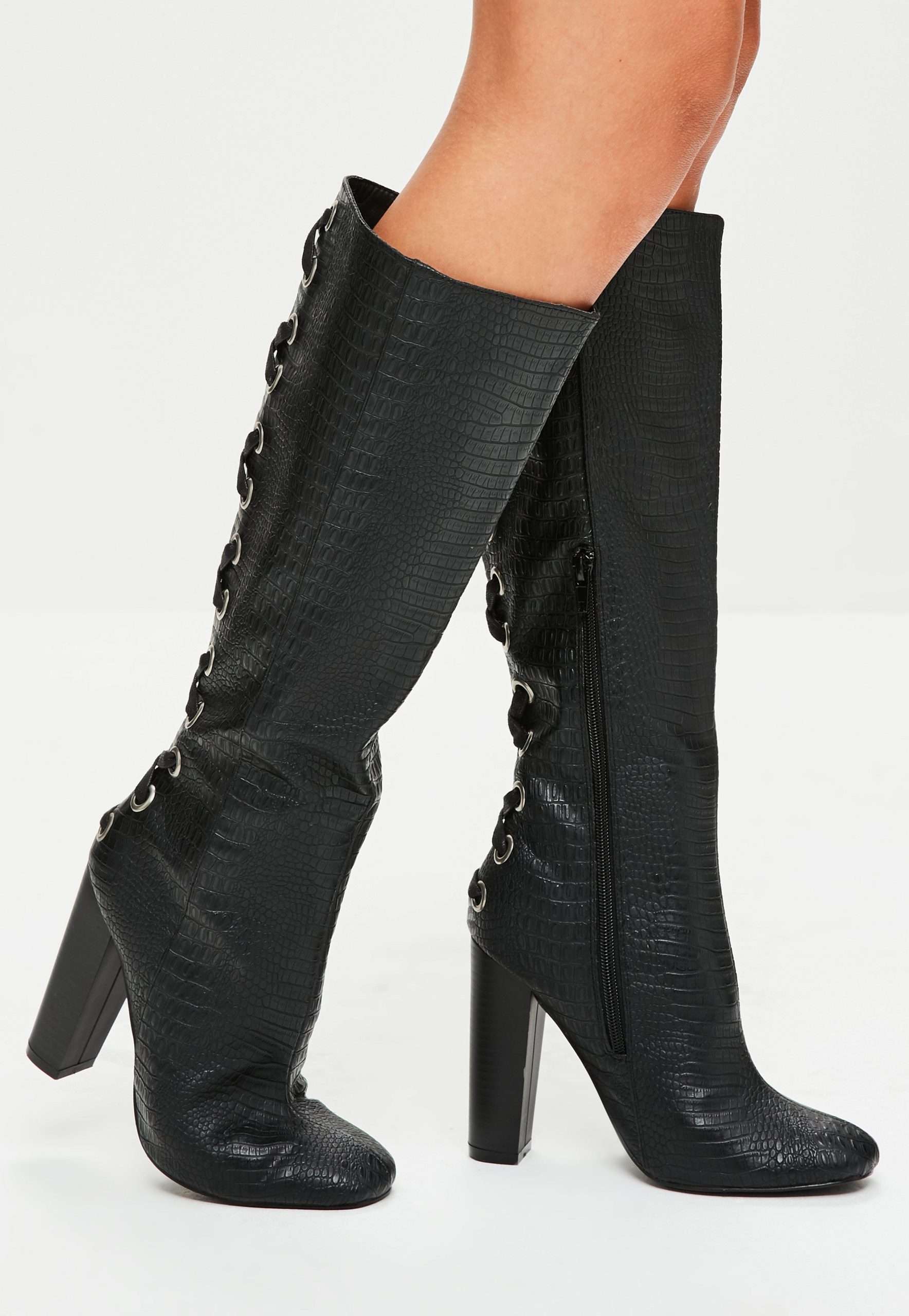 Missguided Black Snake Print Lace Up Knee High Boots